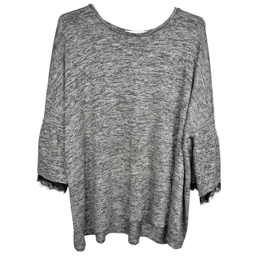 dressbarn Gray Marled Bell Sleeve Sweater with Black Lace Trim
